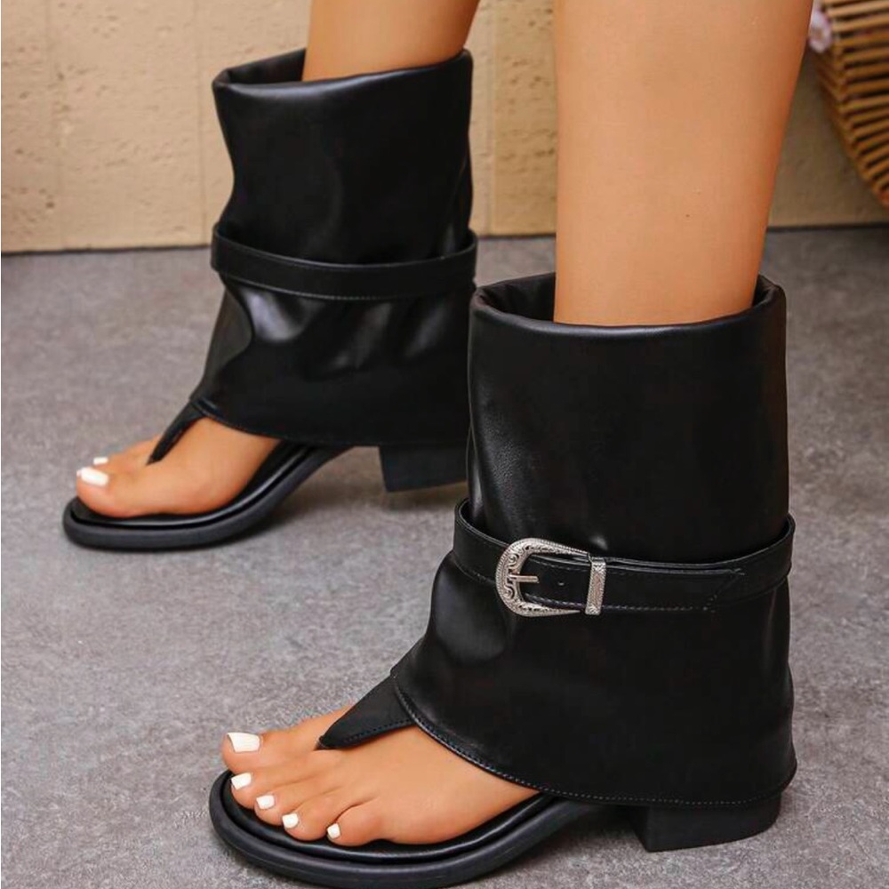 Women's Black Faux Leather Buckle Thong Mules